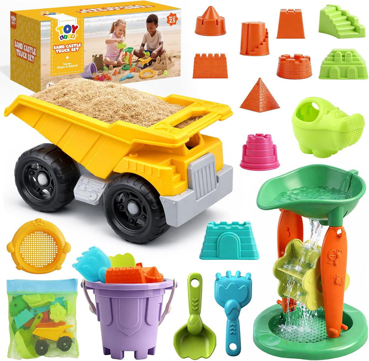 Set de Juguetes de Playa TOY Life 23 Piezas con Carros de Construcción, Cubeta, Palas y Moldes de Castillo