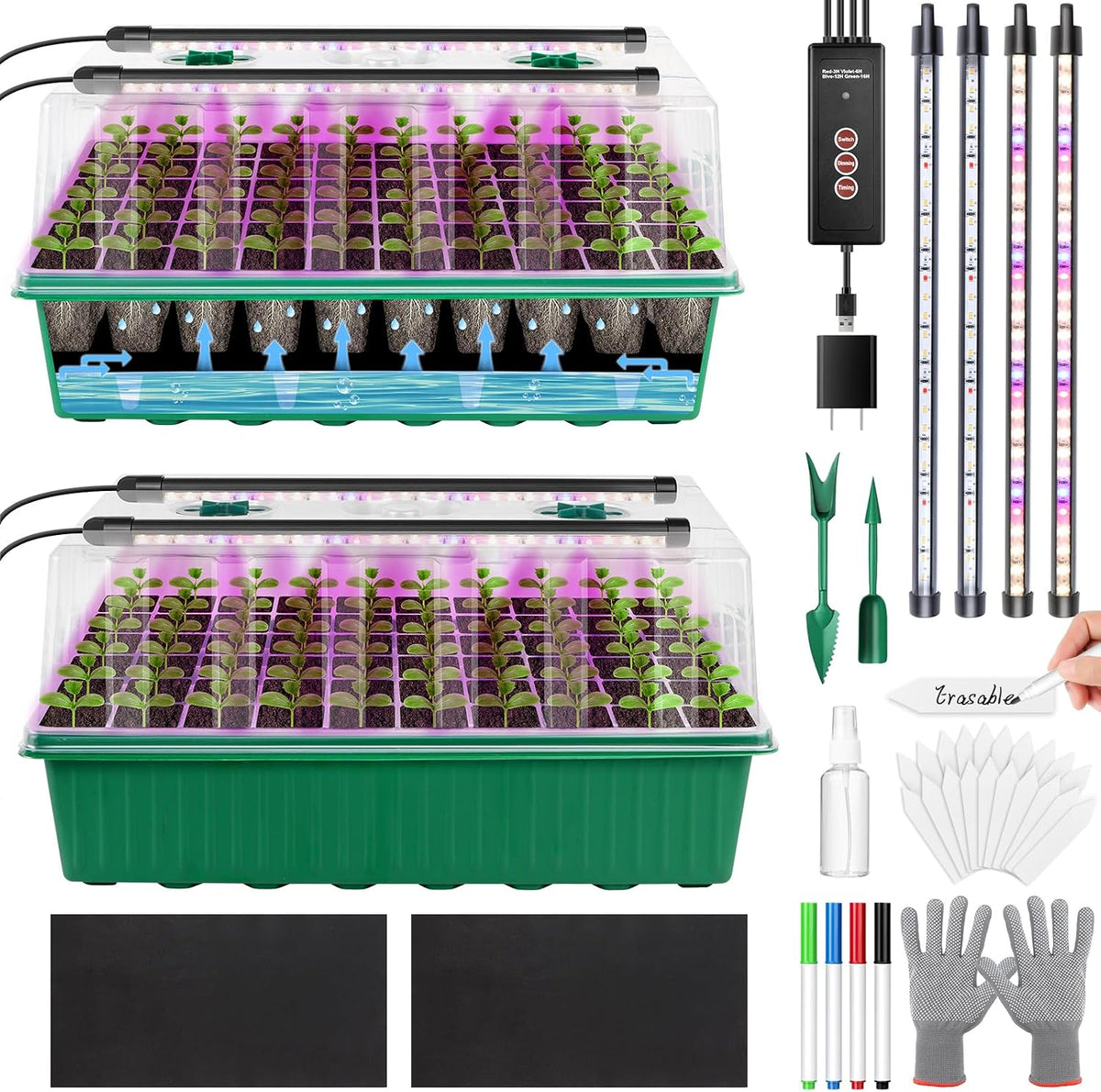 Bandejas Germinadoras VYNALTIX 120 Celdas con Riego Automático y Luz LED de Cultivo | Pack de 2 de 60 Celdas | Kit con Domos de Humedad, Herramientas y Etiquetas