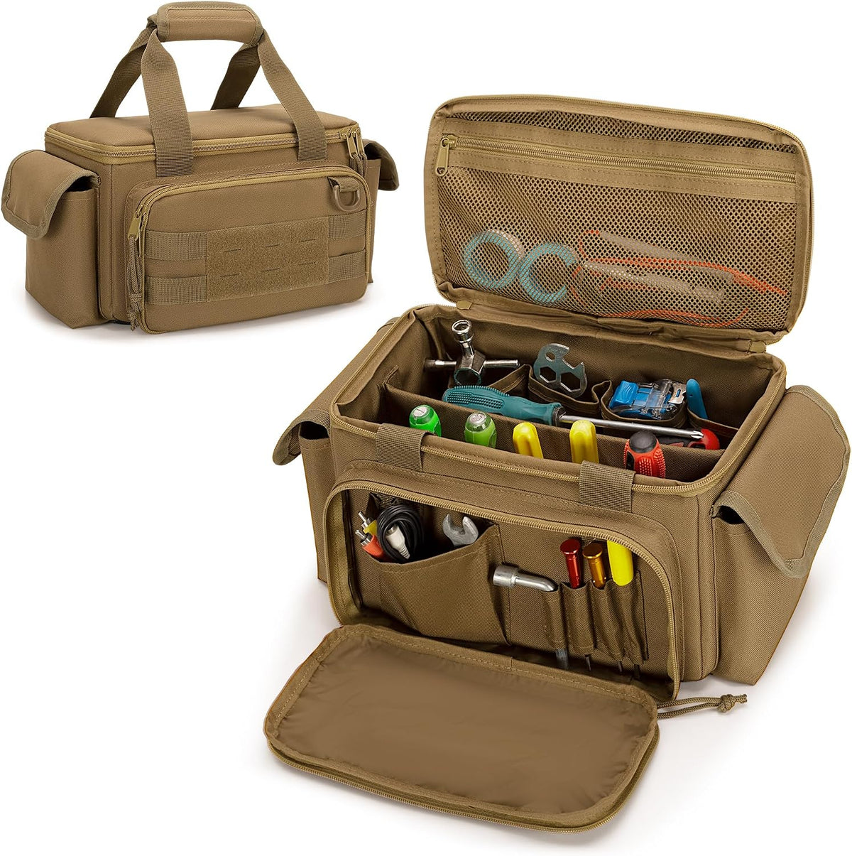 Bolsa de herramientas pequeña Rexmica con base acolchada gruesa y antifricción, organizador de herramientas para hombres, bolsa táctica, bolsa para campo de tiro, bolsa de trabajo multifuncional para reparadores, electricistas y carpinteros (caqui).