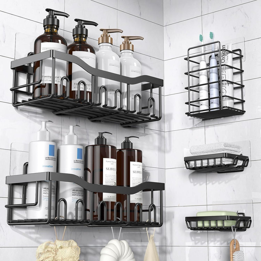 EUDELE Organizador de Ducha Adhesivo Pack 5 – Acero Inoxidable, Gran Capacidad, Sin Taladro | Almacenamiento Baño
