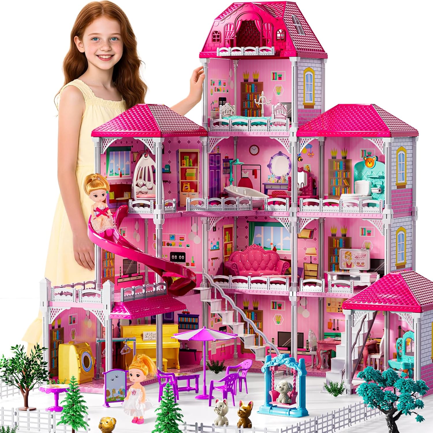 Villa Playset for Girls - 4-Story 12-Room Dollhouse 28.9"x22.8"x31.3" - 2 Dolls, 4 Dogs & 33+ Furniture Pieces - Easy Assembly - For Ages 3-8 - Birthday Christmas Gift
