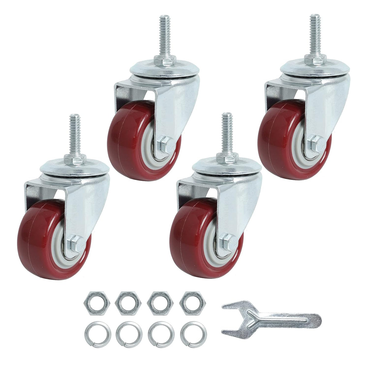 Ruedas Giratorias Finnhomy 2" PU 800 lb con Vástago Roscado 1/4"-20x1 – Juego de 4, Resistentes al Desgaste, Rojo