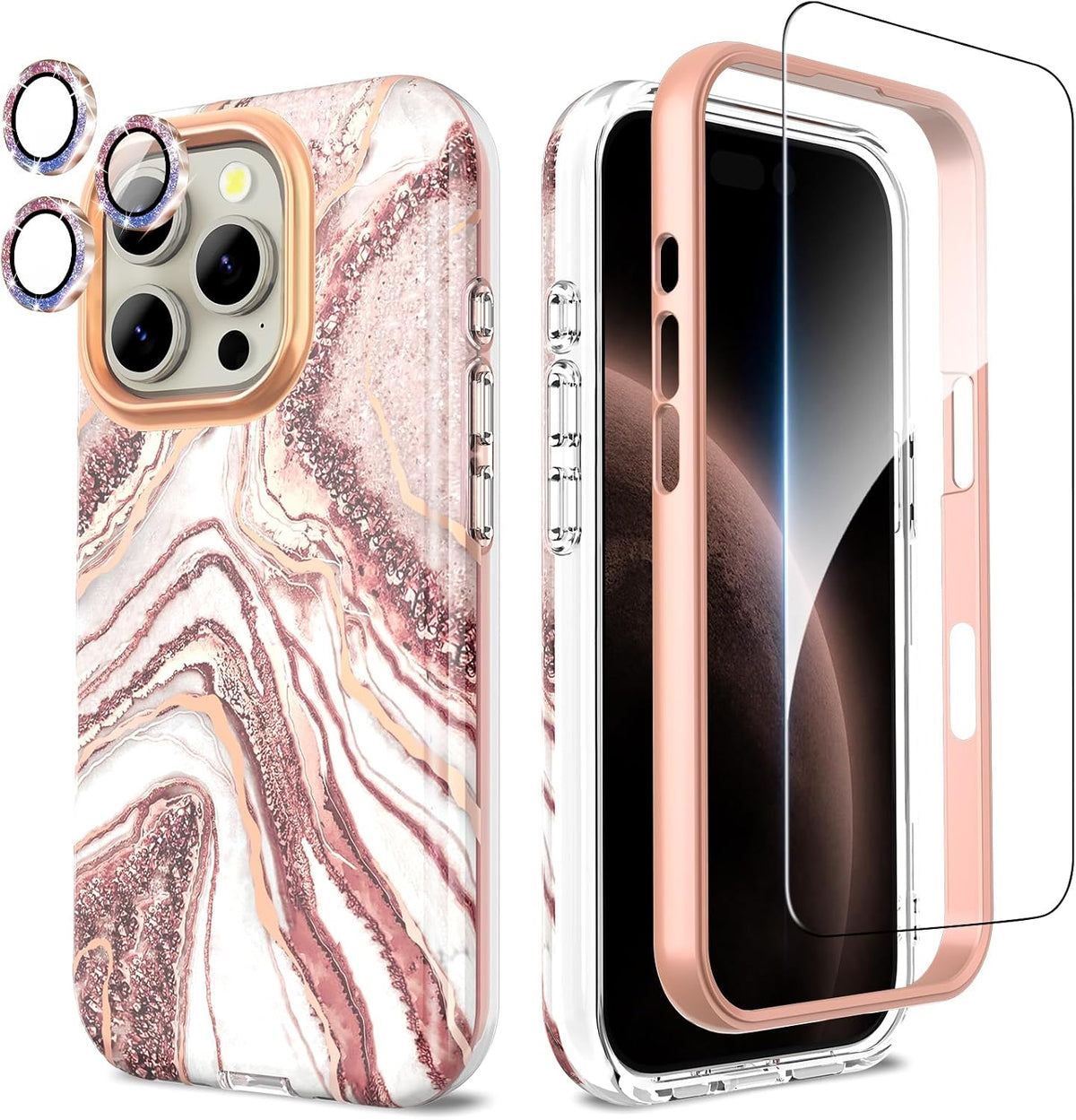Funda SHEDEER para iPhone 16 Pro con Glitter y Protector de Cámara + Protector de Pantalla | Protección 360° Antigolpes, Diseño Chic Antiamarilleo | Oro Rosa 6.3 pulgadas