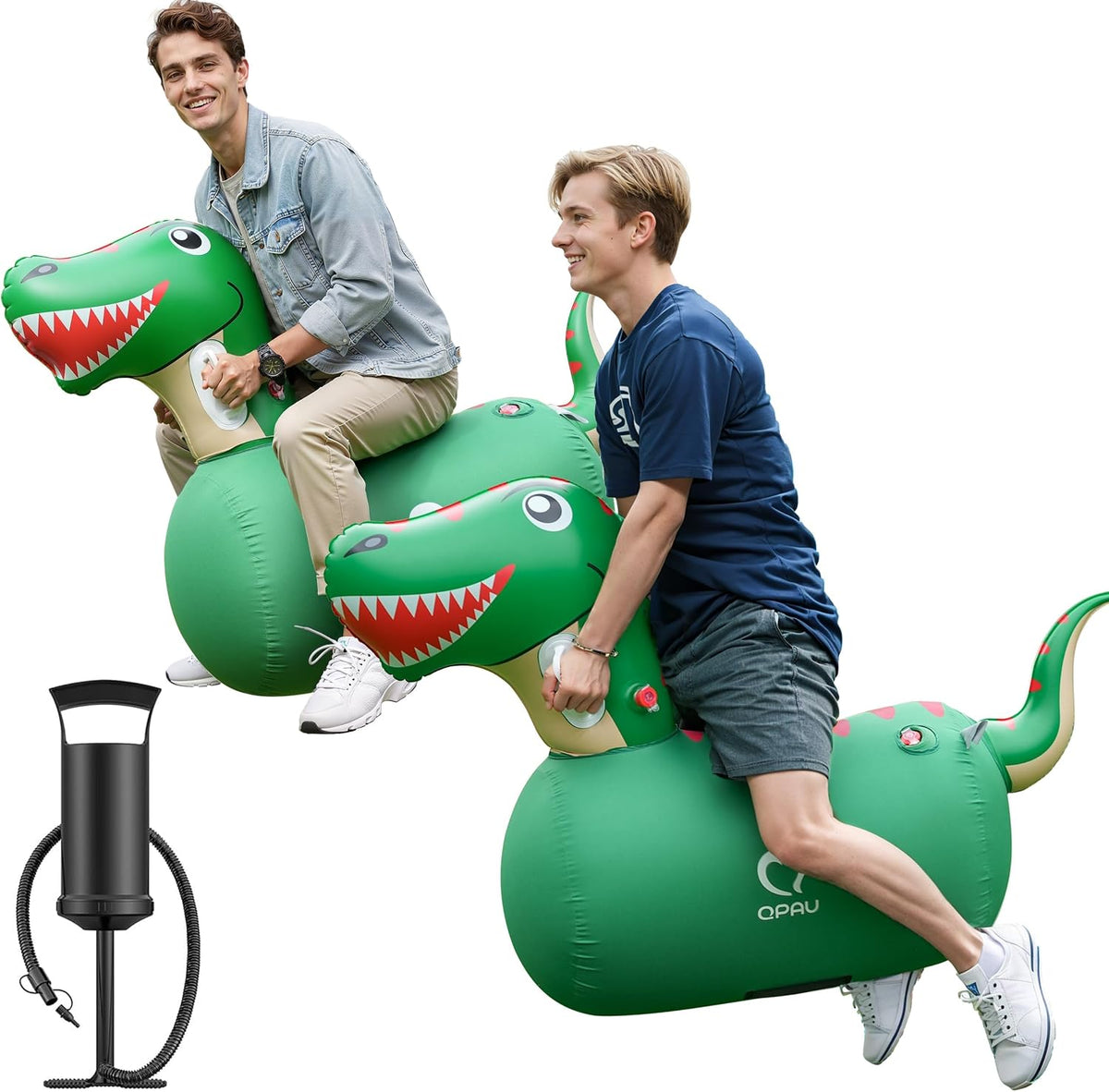 Juguetes inflables de dinosaurios QPAU, 2 unidades con bomba manual, inflable gigante resistente, capacidad de carga de 100 kg, juguete inflable con forma de animal para montar, inflables para interiores y exteriores para niños y niñas de 5 años en