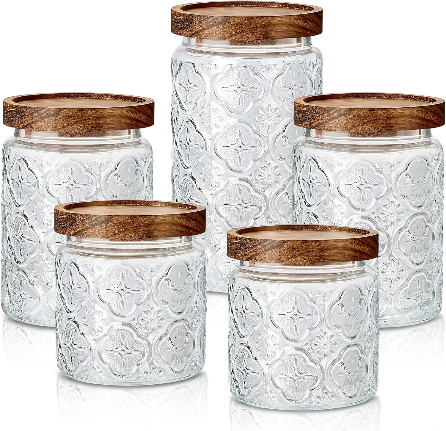 Gerrii - 5 recipientes redondos de vidrio vintage con diseño de begonia para almacenar alimentos, de 17, 24 y 34 oz, con tapa hermética, para dulces, para cocina, despensa, café, té y granos. 