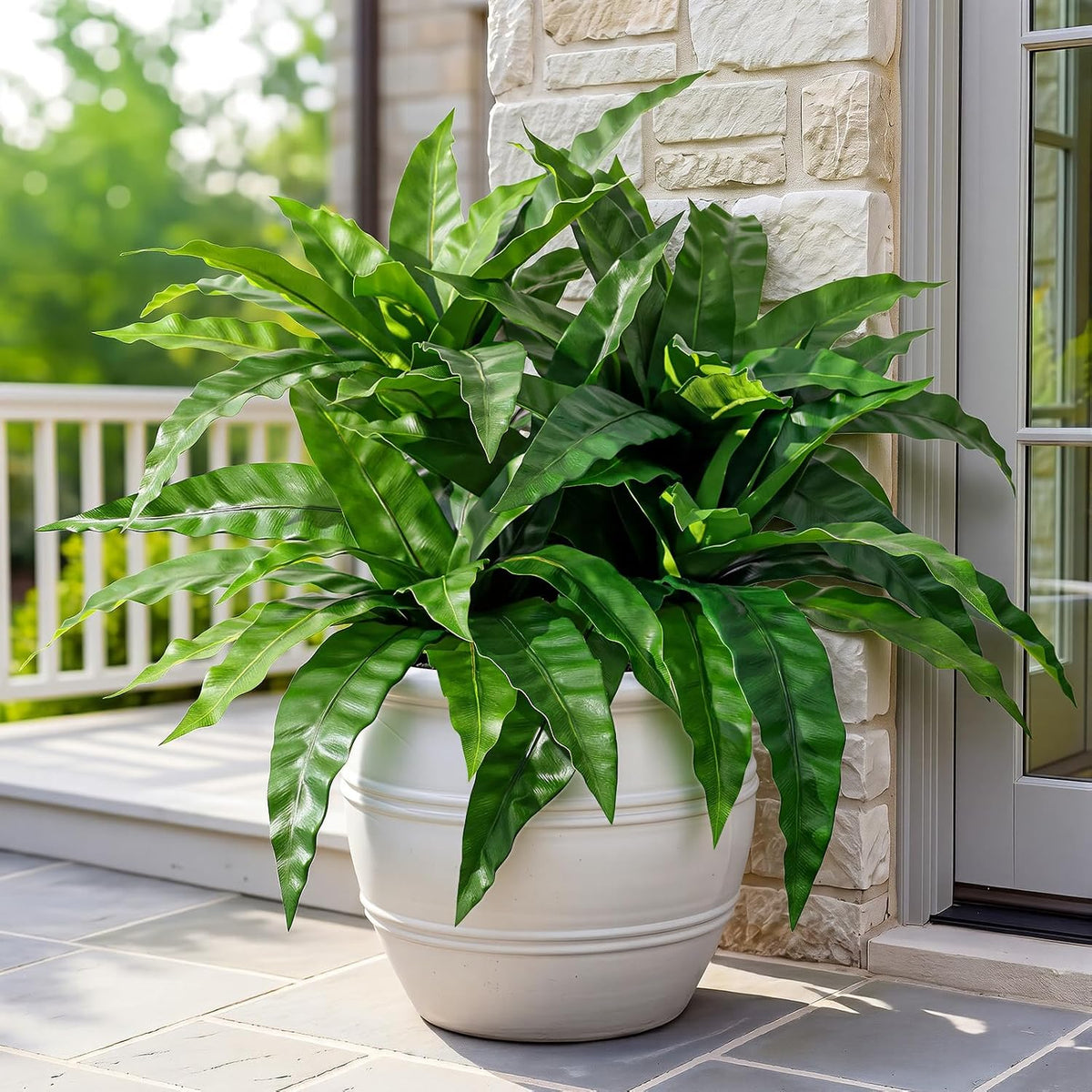 4 plantas artificiales para exteriores, tallos de helecho con forma de nido de pájaro artificial, plantas de drácena artificiales 3D de tacto real con 60 hojas, vegetación artificial resistente a los rayos UV y a la intemperie para decoración de jardín