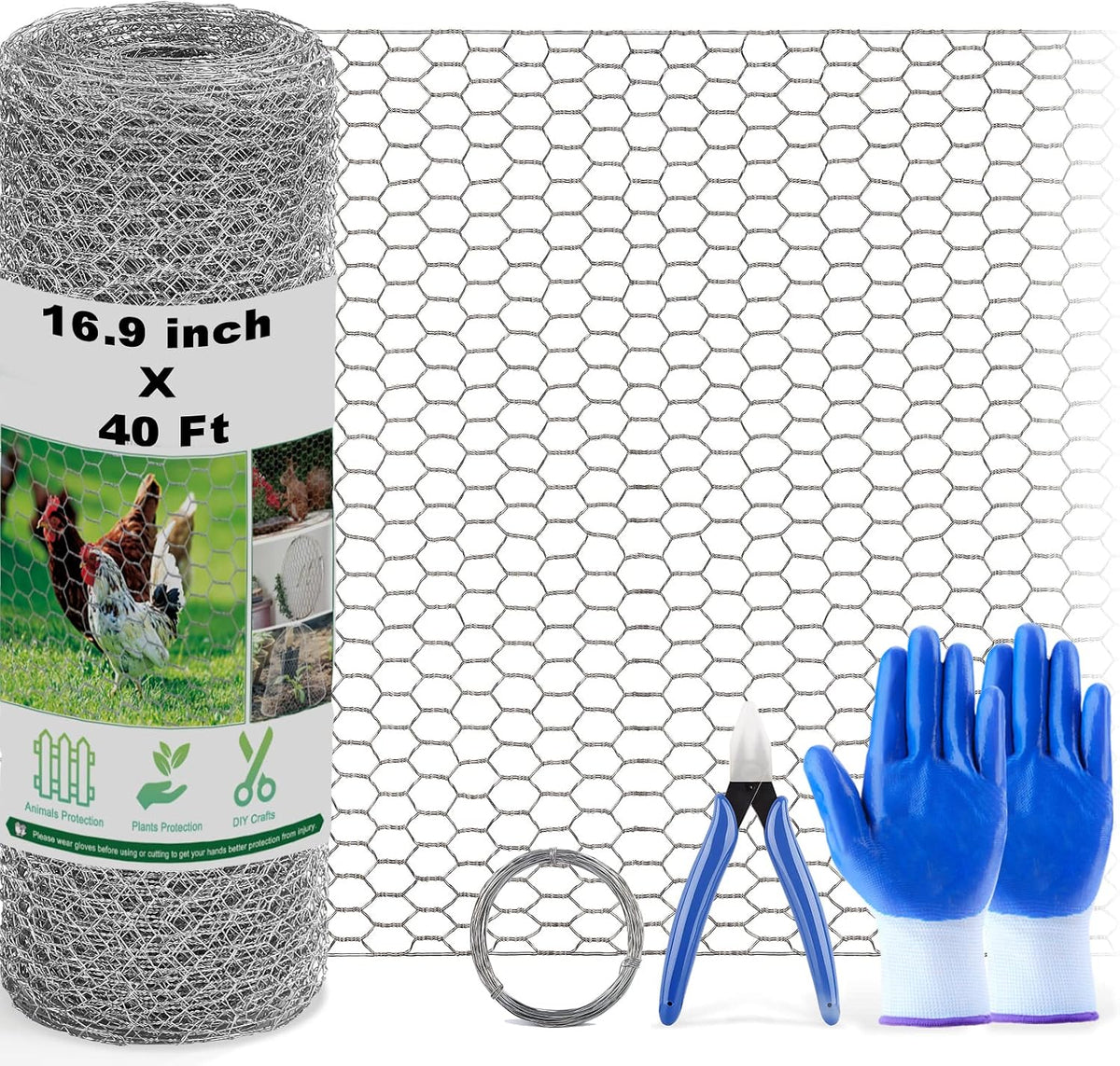 Malla de alambre para gallinero, 16.9 pulgadas x 40 pies, cerca de alambre de alambre floral de metal para manualidades, aves de corral y jardín, malla hexagonal galvanizada de 0.6 pulgadas para barrera de gallinero y jaula de conejo.