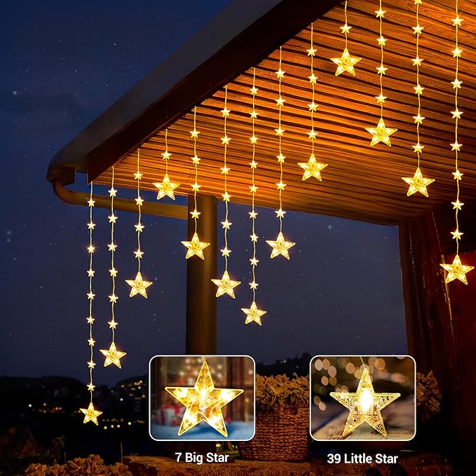Luces Cortina de Estrellas Marchpower x46 a Batería – Blanco Cálido, 8 Modos, Timer, IP65 para Ventana y Decoración Navideña