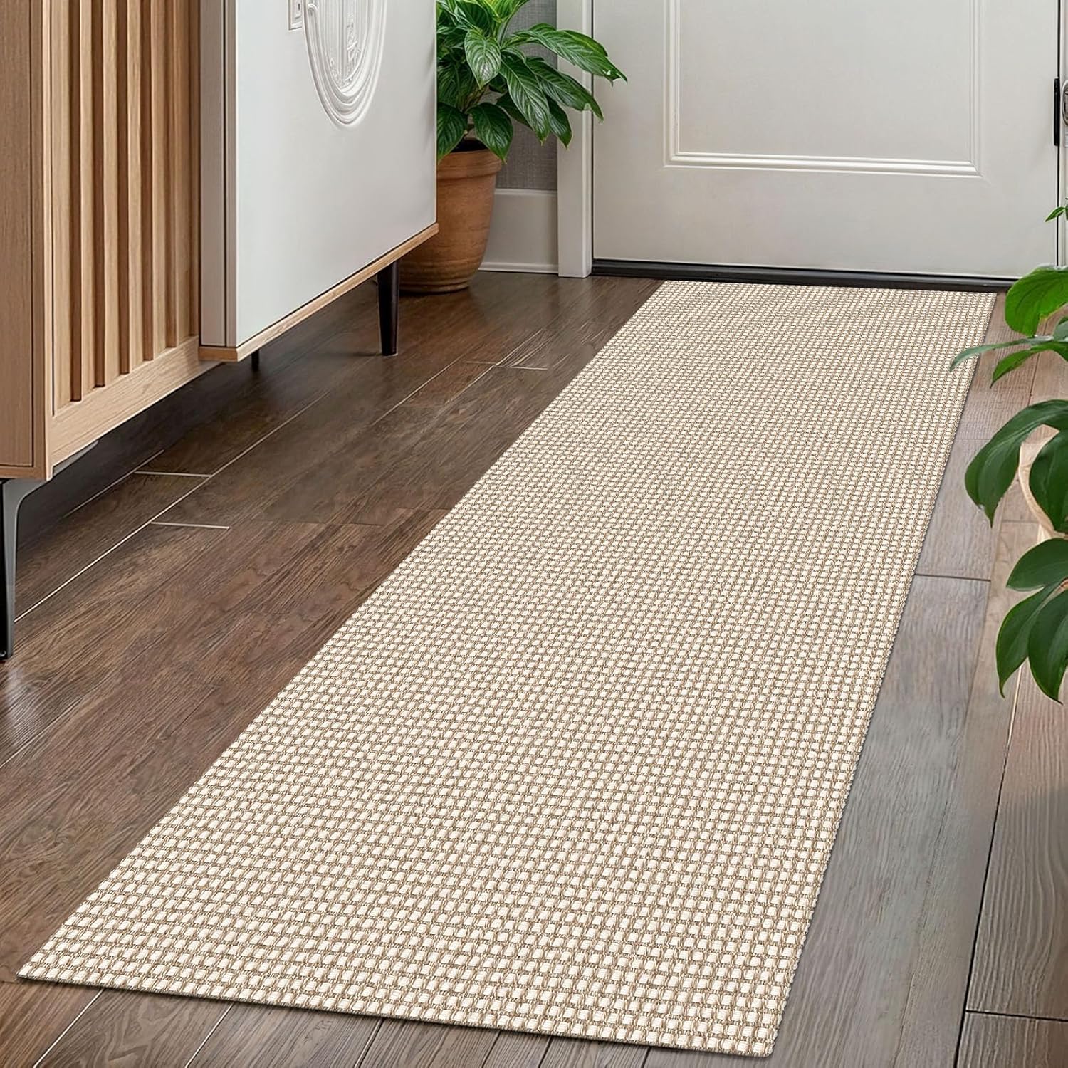 KOZYFLY Runners for Hallways 2x5 ft Washable Kitchen Runner Non Slip Rubber Backed Hall Runners Cotton Entryway Runner Rugs Floor Carpet for Indoor Backdoor Bedroom Kitchen, Ivory/Khaki