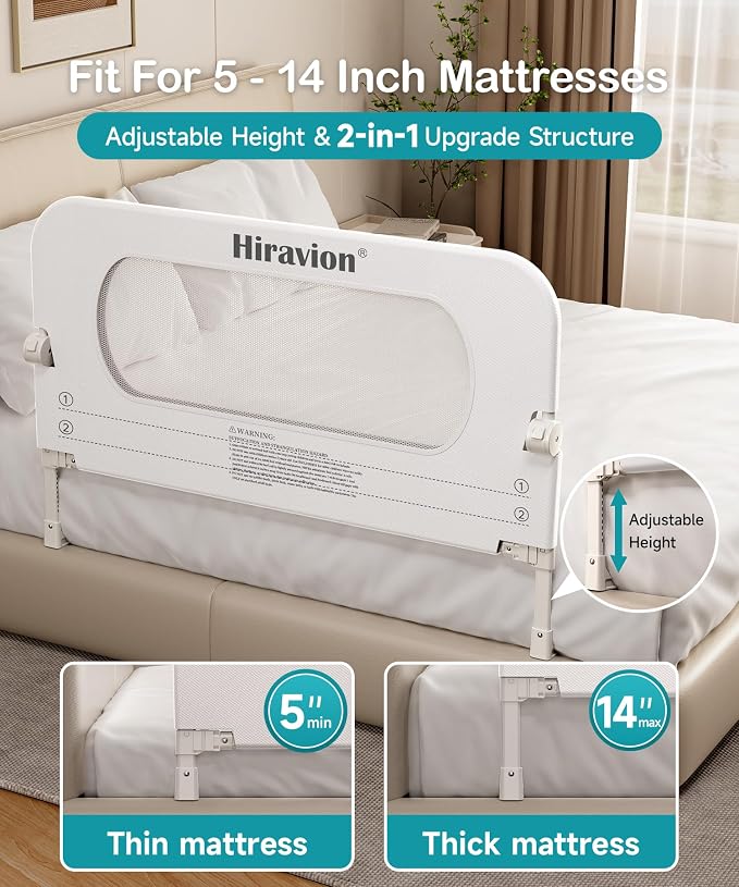 Riel de cama para niños pequeños, 59 pulgadas con base en forma de U, rieles ajustables en altura