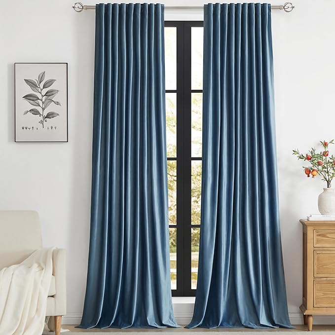 PRIMROSE Set 2 Cortinas de Terciopelo Azul Marino Blackout 90 Pulgadas – Bolsillo para Barra y Trabilla Trasera, Para Sala y Dormitorio