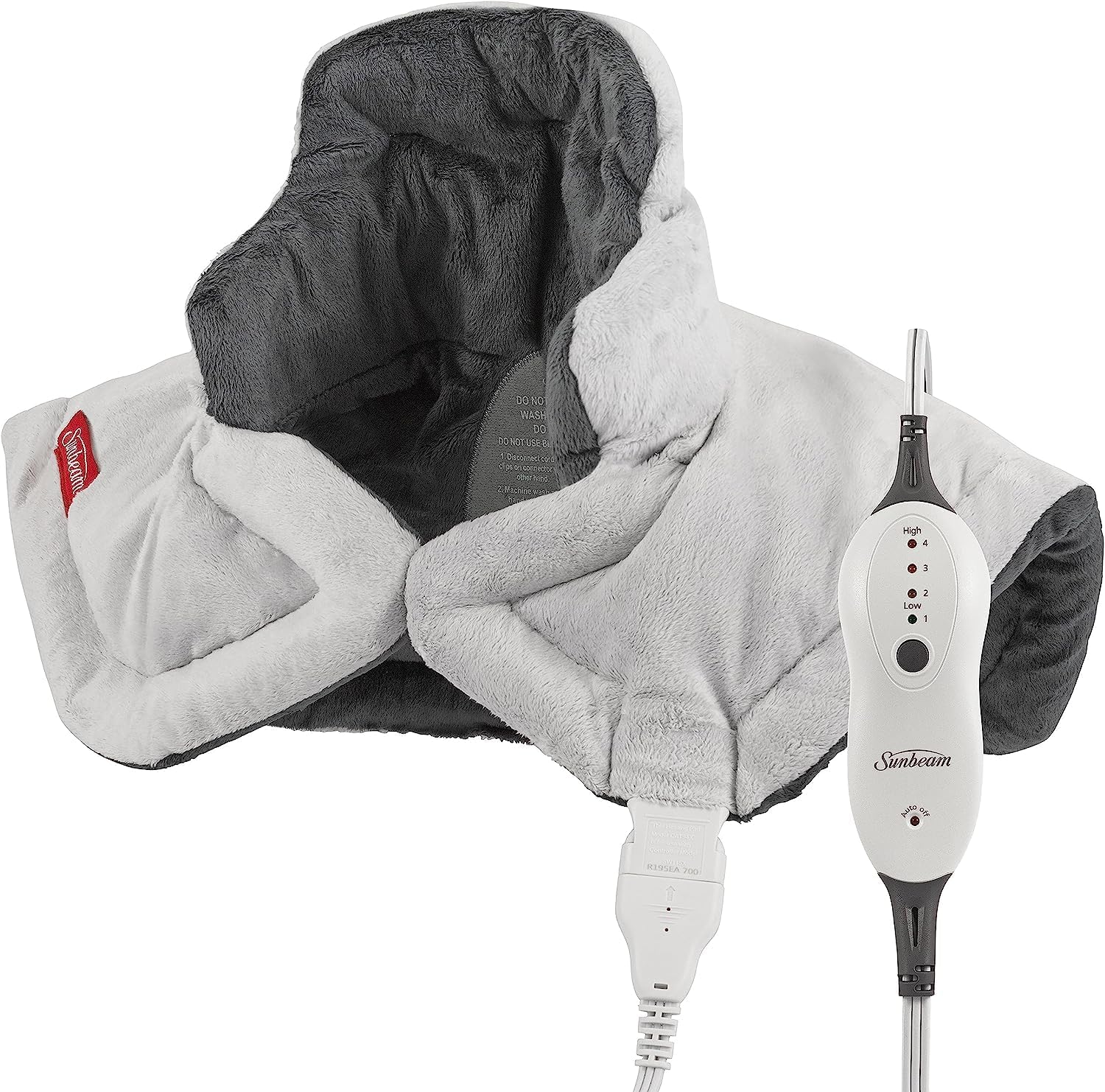 Almohadilla térmica contorneada Sunbeam para aliviar el dolor de cuello y hombros con apagado automático y opción de calor húmedo, 22 x 19, gris 