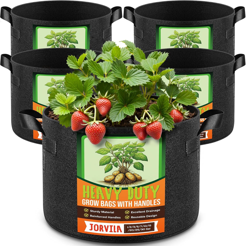 Bolsas de Cultivo Jorvila 30 Galones – Pack de 5, Tela No Tejida Reforzada 300G con Asas para Exterior