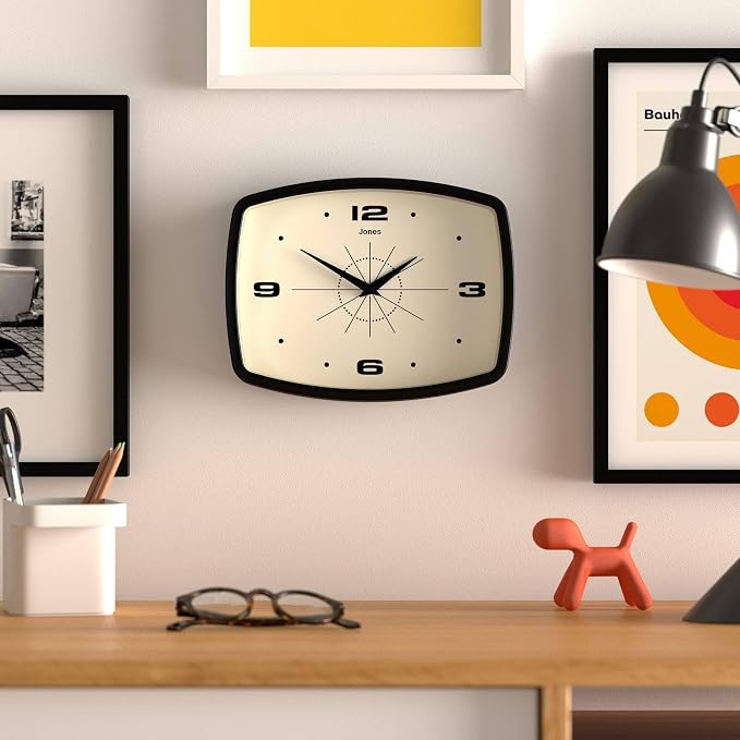 Jones Clocks® Movie - Reloj de Pared Retro Rectangular | Diseño Mediados de Siglo | Negro