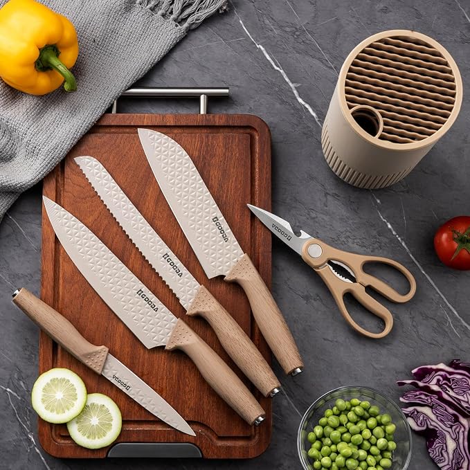 GOODA - Juego de cuchillos de cocina con bloque, juego de 6 piezas de cuchillos de chef profesionales para la cocina, juego de bloque de cuchillos de acero inoxidable antiadherente
