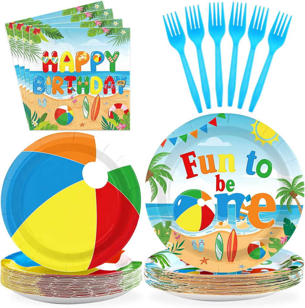 96 piezas de artículos para fiestas temáticas de pelotas de playa. Platos y servilletas para el primer cumpleaños con temática de pelotas de playa de verano. Juegos de vajilla divertidos para baby shower, luau, piscina y fiestas de primer cumpleaños