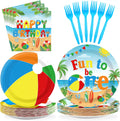 96 piezas de artículos para fiestas temáticas de pelotas de playa. Platos y servilletas para el primer cumpleaños con temática de pelotas de playa de verano. Juegos de vajilla divertidos para baby shower, luau, piscina y fiestas de primer cumpleaños