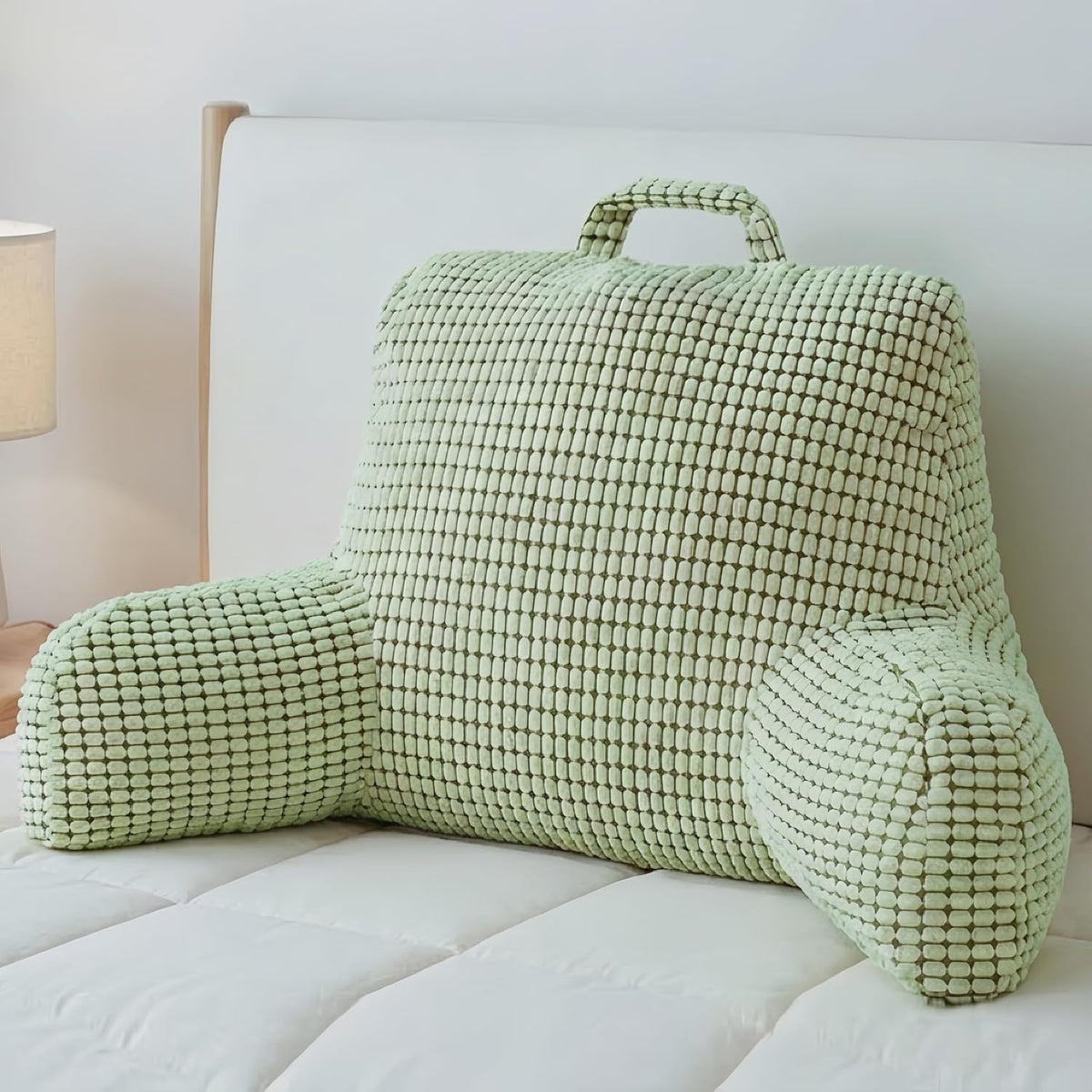 NOONTIDE Almohada de Lectura con Asa Superior | Tela Suave Diseno Ergonomico | Soporte de Espalda para Cama | Lavable Ver TV Gaming | Verde
