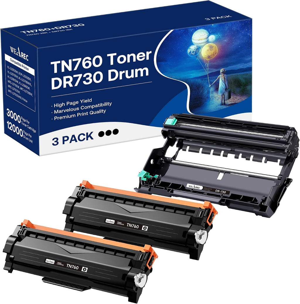 Cartucho de tóner WEAREC TN760 y unidad de tambor DR730 de repuesto para Brother TN-760 TN730 DR730 DR 730. Compatible con las impresoras DCP-L2550DW HL-L2350DW HL-L2390DW HL-L2395DW (2 tóners, 1 unidad de tambor, paquete de 3).