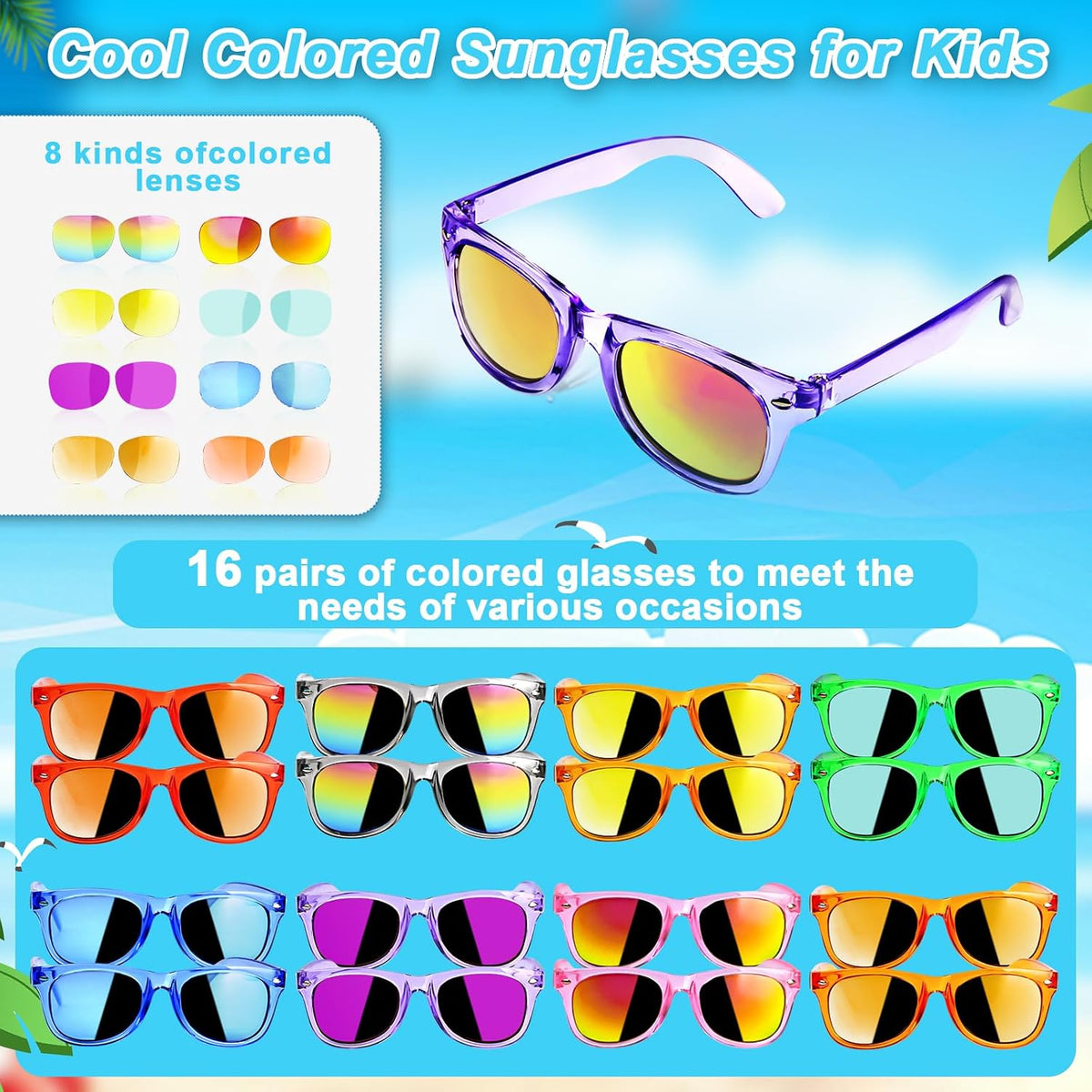 Gafas de sol para niños y niñas de 3 a 8 años con protección UV 400, 16 paquetes de lentes de sol neón para fiestas infantiles