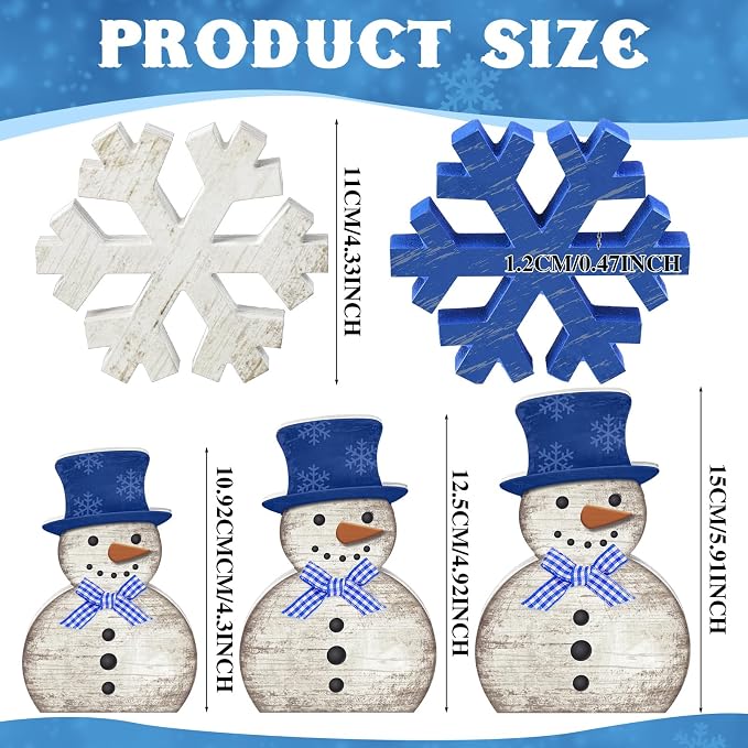 Yousoontic 5 piezas de decoración de mesa de invierno, muñeco de nieve de madera, muñeco de nieve azul y blanco, copo de nieve, bandeja escalonada, decoración de mesa de Navidad, centro de mesa