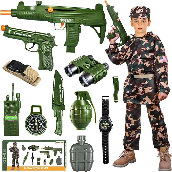 Disfraz militar de juguete MSKOLER para niños de 3 a 8 años - Disfraz de soldado raso para niños con equipo, accesorios y uniforme, regalos, disfraces de Halloween para niños de 3 a 12 años.