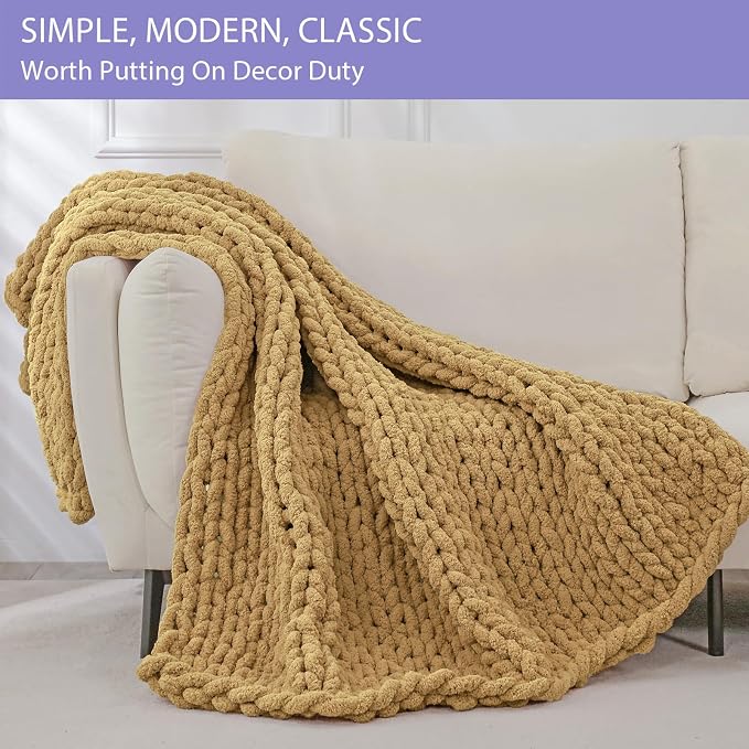 Manta de Punto Grueso Bigacogo 40"x40" Beige | Chenilla Tejida a Mano | Sofá y Decoración
