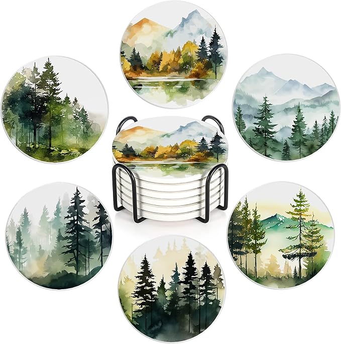 Juego de 6 posavasos de mesa para bebidas, posavasos redondos de cerámica de acuarela bosque nebuloso, con base de corcho y soporte de metal, excelentes regalos para casa nueva y cumpleaños