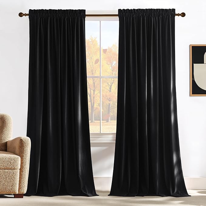 Cortinas opacas negras de 80 pulgadas de largo para dormitorio y sala de estar, cortinas con bolsillo para barra, cortinas suaves para protección de privacidad para ventanas