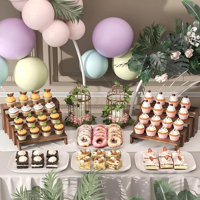 Juego de 4 soportes de exhibición grandes de madera escalonados para eventos de proveedores, organizador de perfumes apilables, soporte de colonia para hombres y mujeres, soporte de cupcakes y postres