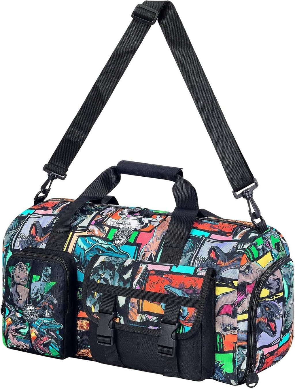 CCJPX Kids Duffle Bag for Boys, Travel Bag with Shoe Compartment, Dinosaur Weekender Carry-On Personalized Tote for Sport Gym (Black)