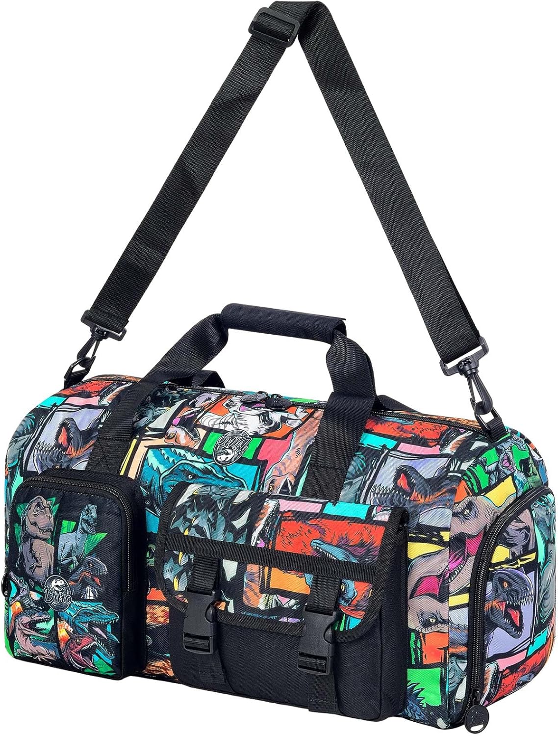 CCJPX Kids Duffle Bag for Boys, Travel Bag with Shoe Compartment, Dinosaur Weekender Carry-On Personalized Tote for Sport Gym (Black)