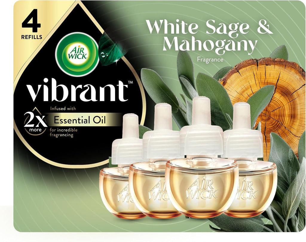 Air Wick Repuesto de Aceite Perfumado Vibrant | Con Aceites Esenciales, Enchufable | Salvia Blanca y Caoba, 4 Unidades