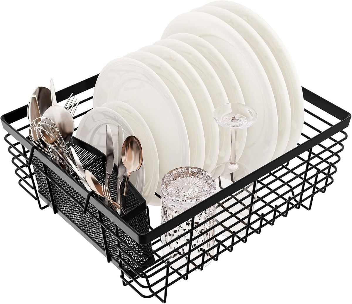 Escurridor de platos de cocina TQVAI, de metal, con cesta para cubiertos y utensilios de malla completa, color negro.