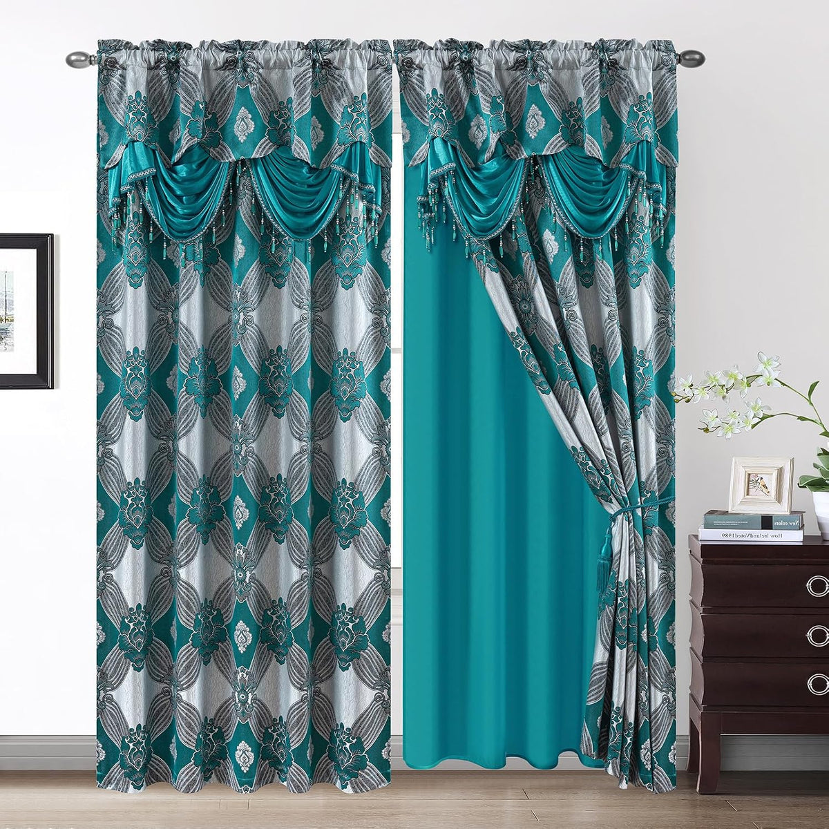 Cortinas elegantes Petrichor con hilos dorados y plateados, juego de 2 paneles - Tratamiento de ventana de lujo con cenefa incorporada, reverso transparente y 2 alzapaños para dormitorio y sala de estar, 54 x 84 pulgadas, color verde azulado