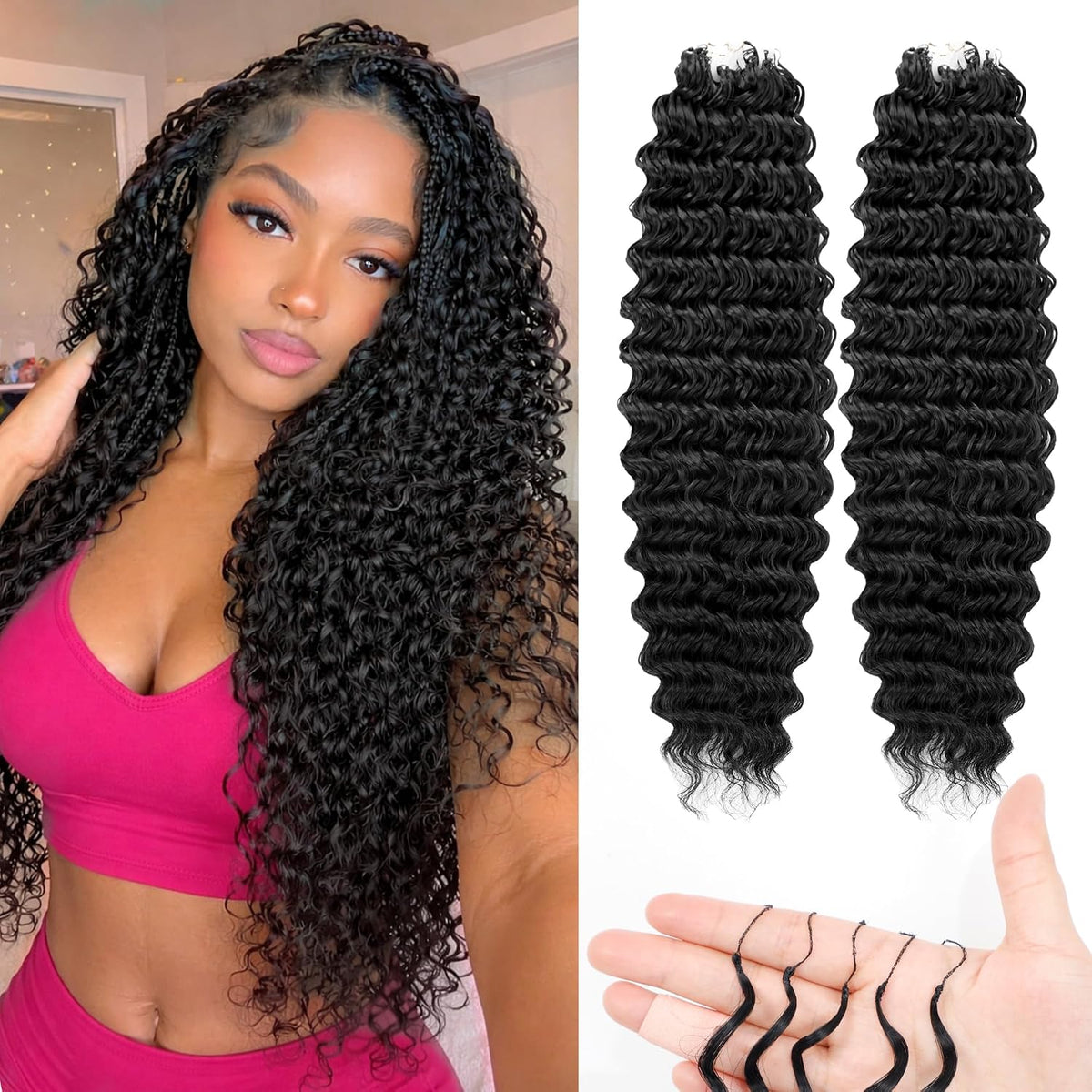 Extensiones de cabello sintético para crochet, 180 g, 100 mechones, preseparados, ondulados profundos, ideales para trenzas de crochet con nudos milagrosos. Extensiones de cabello rizado birmano invisible (18 pulgadas, n.° 1).