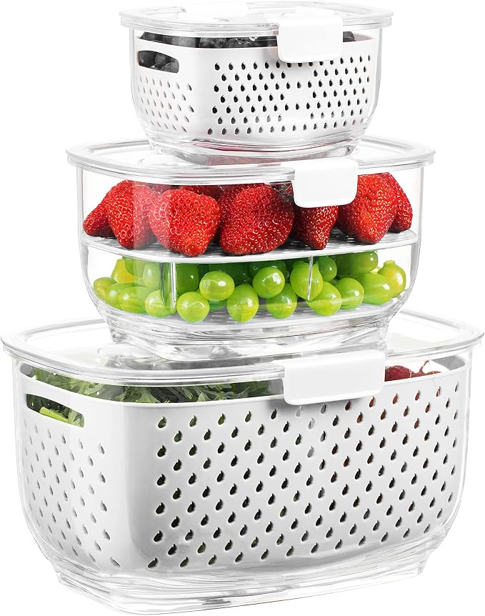 LUXEAR Recipientes de almacenamiento de frutas y verduras de productos frescos, juego de 3 piezas, sin BPA, contenedor de ensalada dividido, organizadores de refrigerador, utilizado para almacenar frutas y verduras, color blanco
