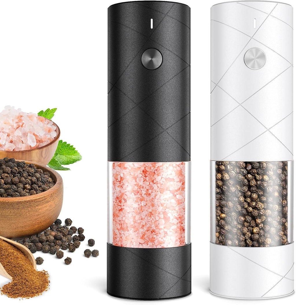 Electric Salt and Pepper Grinder Set - Rechargeable Type-C, LED Light, 5 Coarseness Levels, One-Hand Operation - 2-Pack White & Black Kitchen Gift