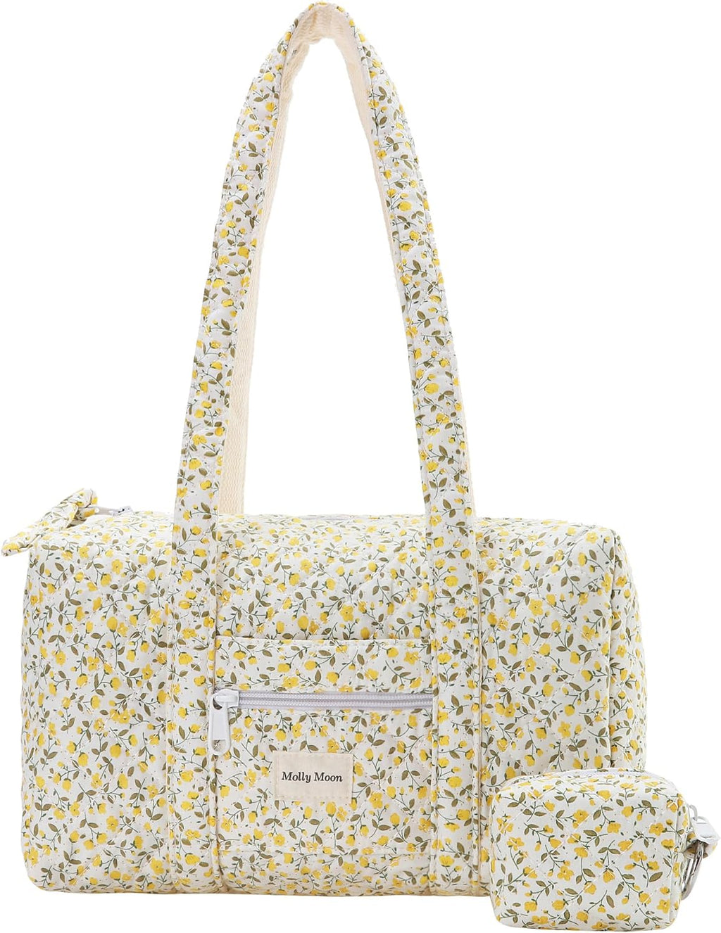 Molly Moon Top Zipper Floral Quilted Duffle Bag for Women, Yellow Quilted Small Floral Tote Bags with Coin Purse, Cute Cotton Shoulder Bag for Travel, Work, School