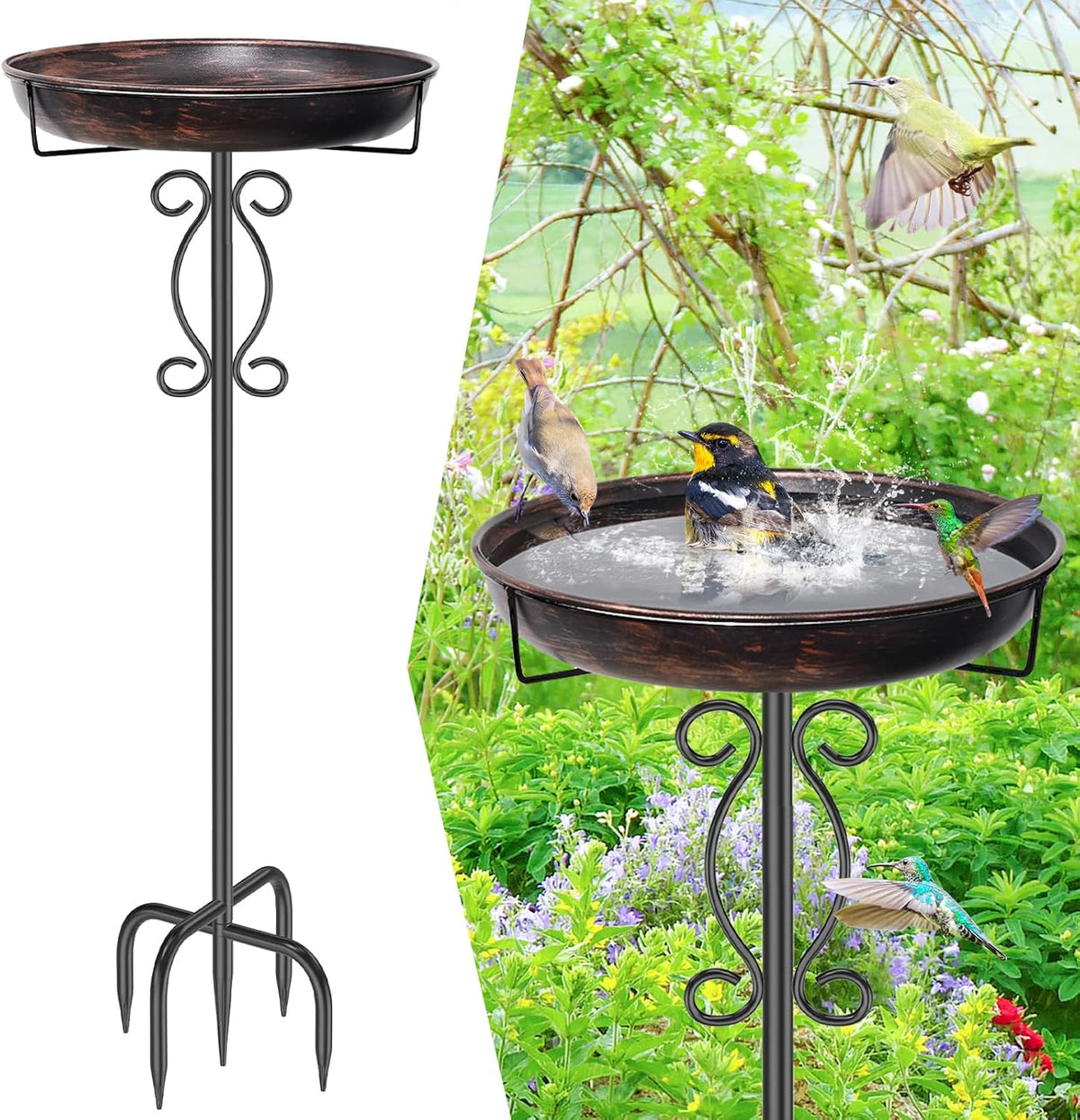 ADVERTENCIA: NO incluye el plato. Baño para pájaros de metal jsyonii para exteriores, 101 cm de altura, estilo vintage, independiente, con base robusta de 5 puntas para jardín, patio o césped (bronce vintage).