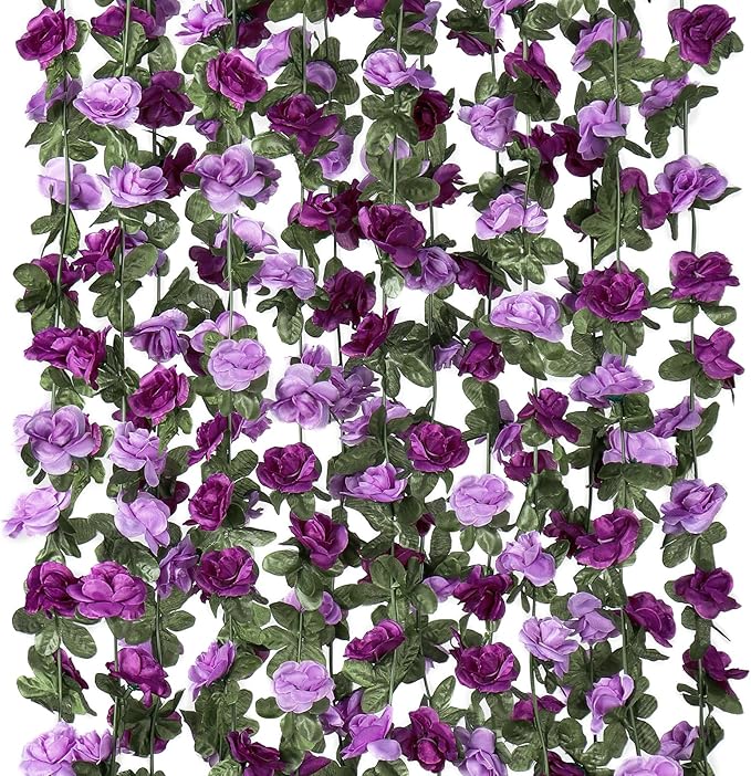 KHOYIME Paquete de 9 guirnaldas de flores artificiales de 21.9 metros, vides de rosas moradas falsas, flores de seda, hiedra floral colgante de plástico sintético para exteriores, guirnalda