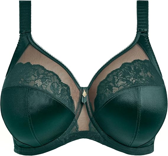 Talla 38M US — Brasier ELOMI Verde Oscuro con Copas de Encaje y Malla Semitransparente