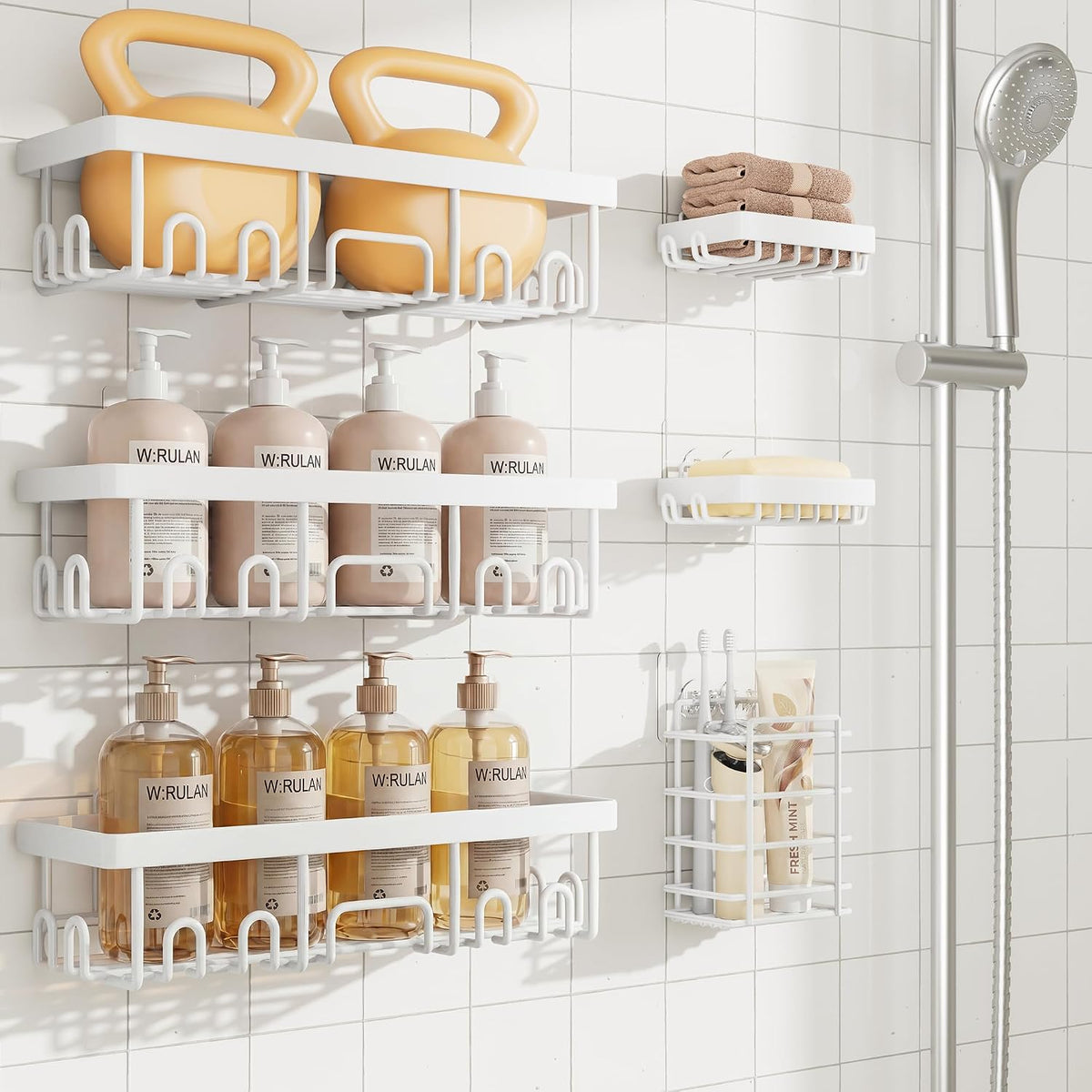 Veken Pack de 6 organizadores de ducha inoxidables e impermeables, estantes adhesivos con jabonera, organizador grande para baño y aseo, montaje en pared sin necesidad de taladrar, decoración para cocina y hogar, color blanco