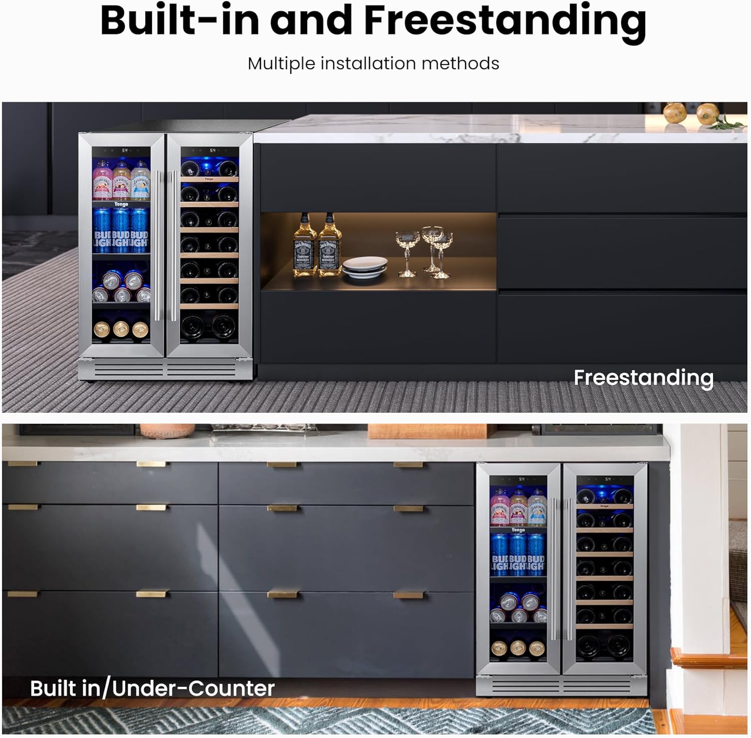 Yeego Wine and Beverage Refrigerator - 24 Inch Dual Zone Wine Fridge 60 Can & 20 Bottle