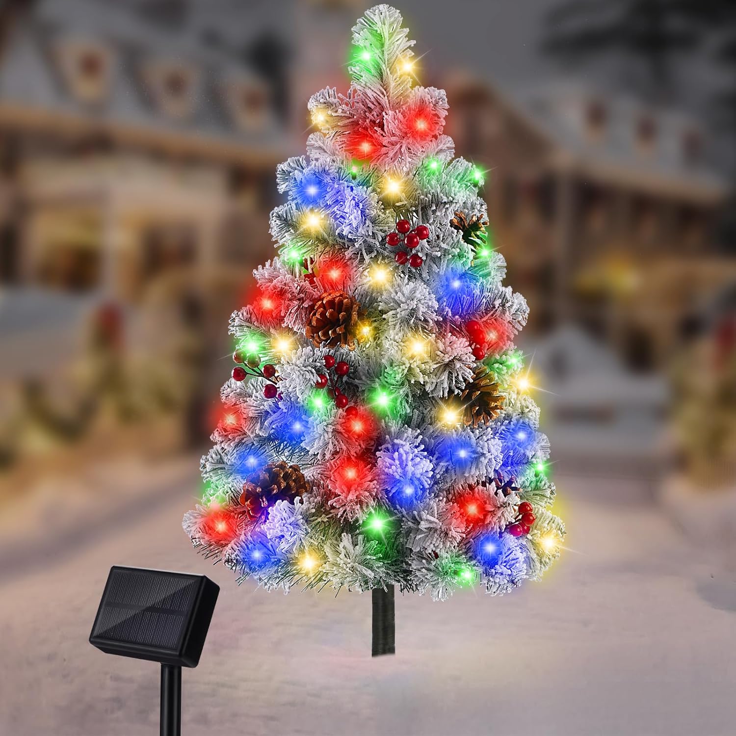 Arbol de Navidad Solar Brightever 68 LED con 8 Modos de Iluminacion - Decoracion Exterior Multicolor, IP65, con Pinas y Bayas