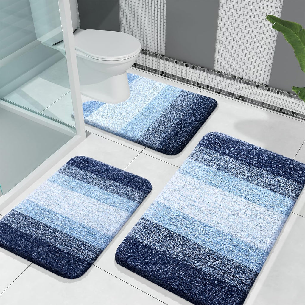Juego Alfombras Baño OLANLY 3 Piezas, Microfibra Suave Absorbente, Tapetes Baño y Alfombra WC Forma U, Esponjoso, Marino, 30x20+24x16+24x20 Pulgadas