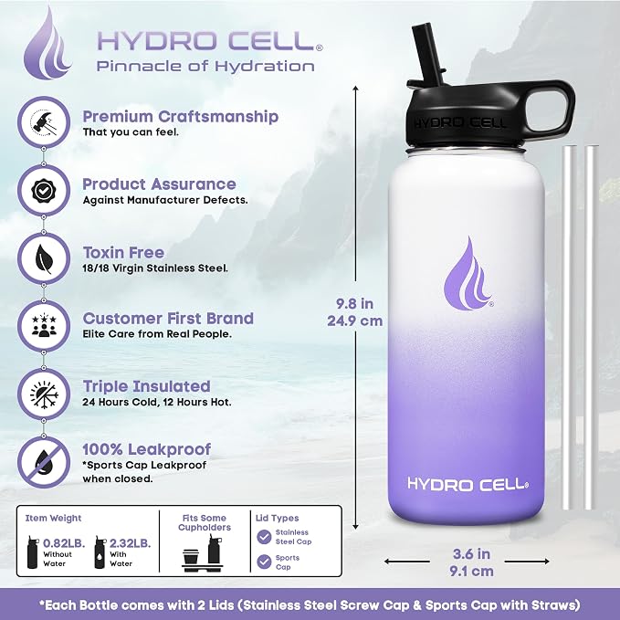 HYDRO CELL - Botella de agua aislada y deportiva de acero inoxidable con pajilla, termo para bebidas frías y calientes con tapa de rosca, a prueba de fugas, para adultos (lavanda y blanco, 32 onzas)