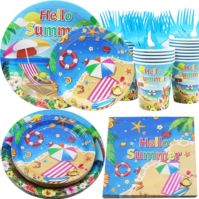 Suministros para fiestas de playa, platos y servilletas con temática de verano