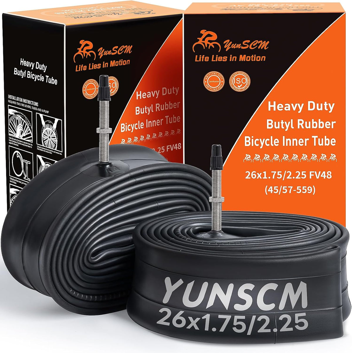 USADO Pack de 2 Cámaras de Bicicleta 26x1.75/2.25 Uso Rudo | Válvula Presta FV 48mm, ETRTO 45/57-559 para Llantas 26 pulgadas