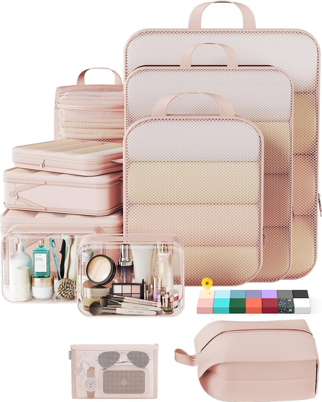 Veken Set de 11 Cubos de Compresion para Viaje | Organizadores Expandibles y Comprimibles para Maleta | Bolsas Ahorra Espacio con Neceser | Beige